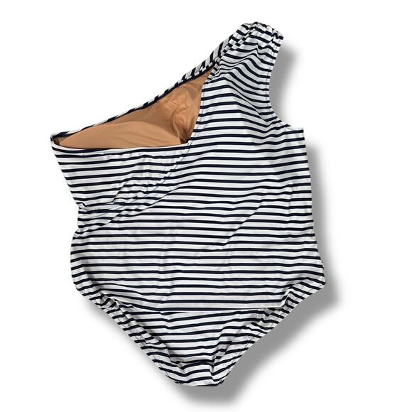J Crew One Shoulder One Piece‎ Swimsuit Womens Plus 22 Navy White Stripe - Picture 2 of 7